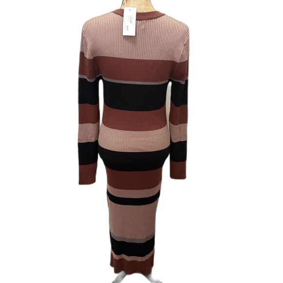 NWT Evereve Hallie Variegated Stripe Dress Brown Black Stripe Midi Size Small - Picture 5 of 8